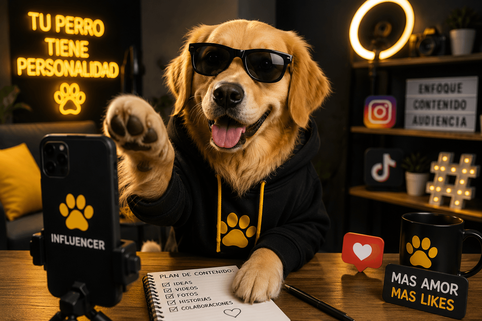 Golden retriever con gafas de sol saludando frente a la cámara de su celular, en su escritorio de creador de contenido