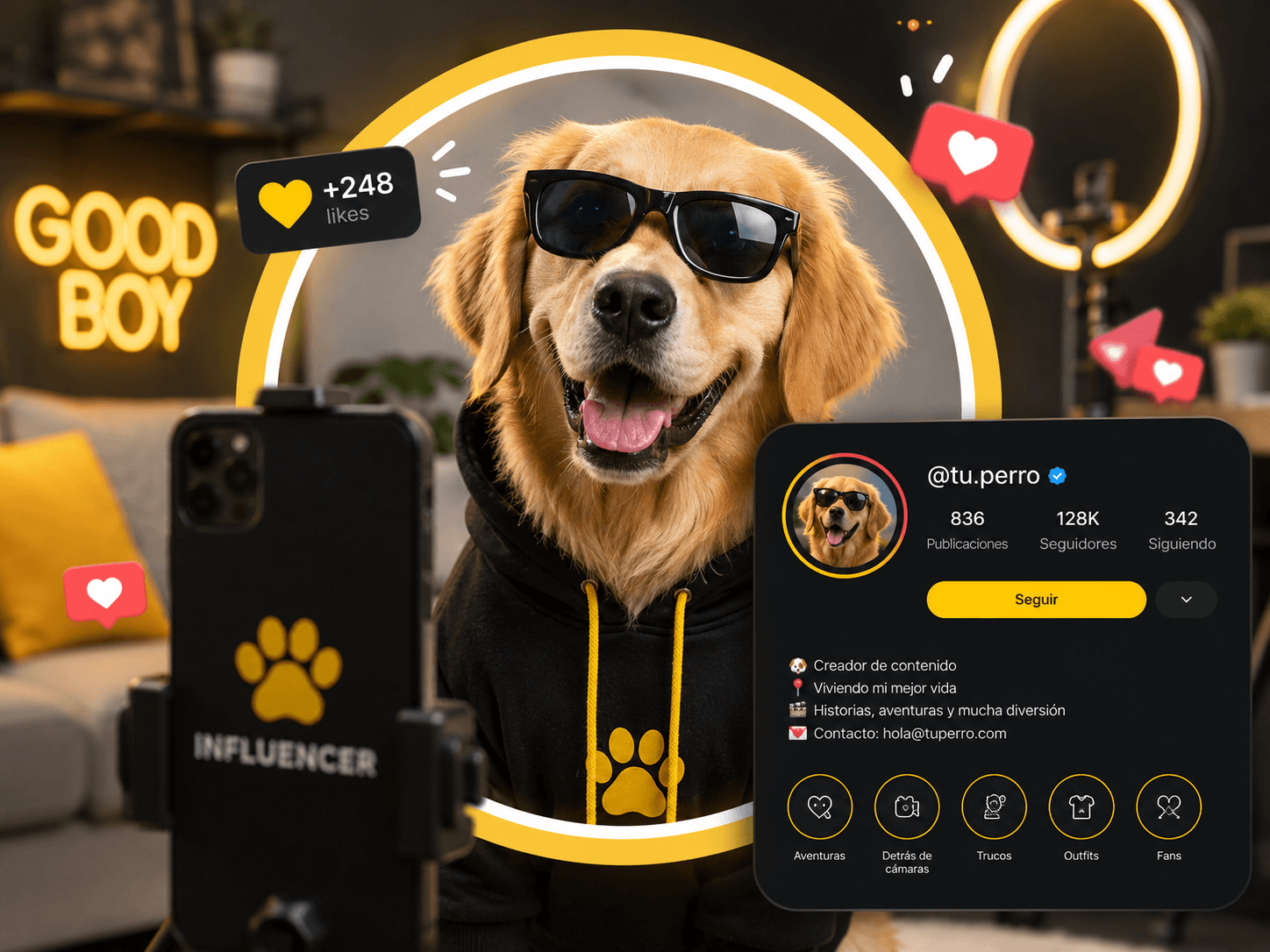 Golden retriever con gafas de sol y sudadera negra, listo para grabar contenido como pet influencer
